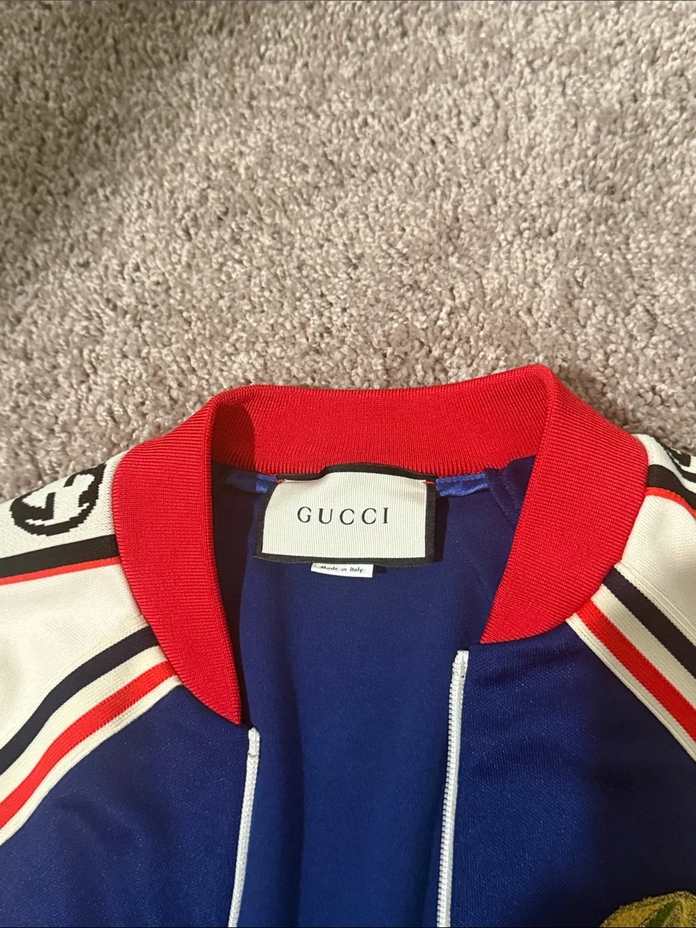 Gucci Blue, White & Red Bomber Jacket with Cherry Patch